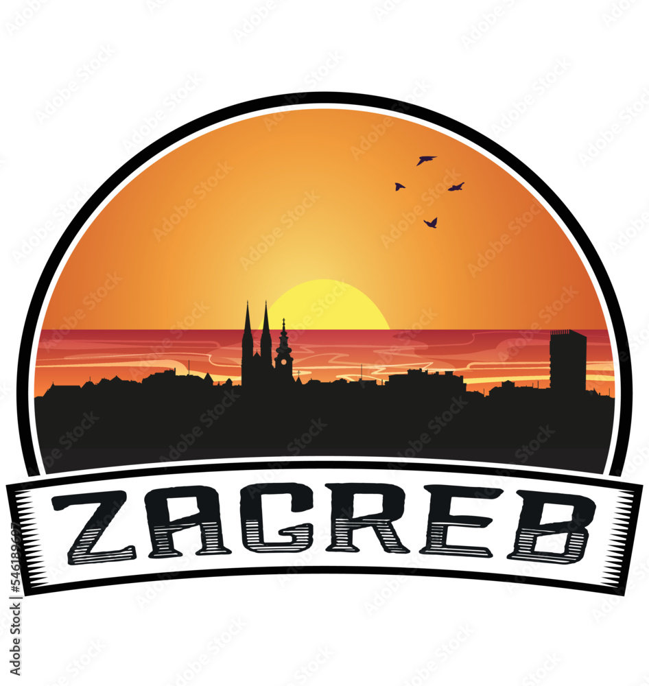 Zagreb Croatia Skyline Sunset Travel Souvenir Sticker Logo Badge Stamp Emblem Coat of Arms Vector Illustration EPS