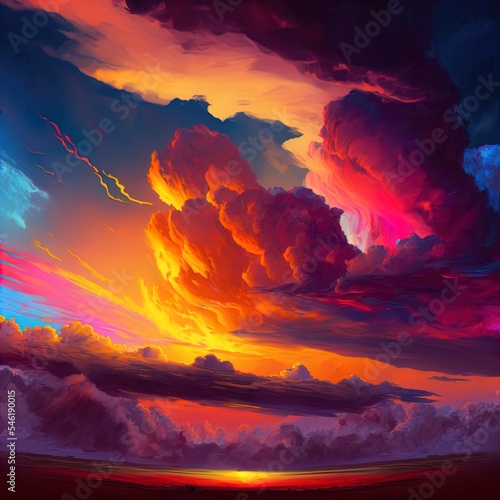 Dramatic colorful sky. Sunset. Stormy weather. 