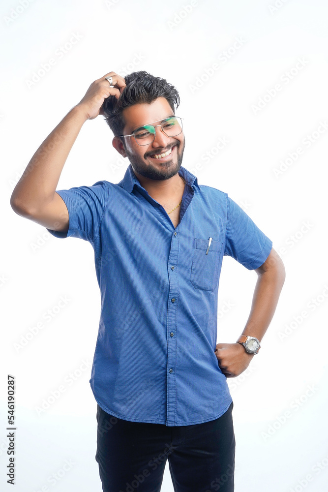 solution of problem. young cute man disposes of a problem. looks up, makes up an idea. isolated white background solution of problem. young cute man disposes of a problem. looks up, makes up an idea. isolated white background