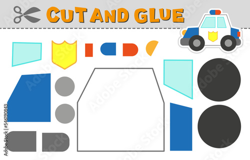 Cut and glue police car. Vector illustration. Paper puzzle game for children activity and education