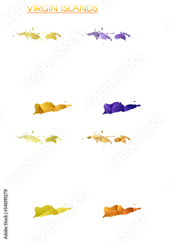 Set of vector polygonal maps of Virgin Islands. Bright gradient map of island in low poly style. Multicolored Virgin Islands map in geometric style for your infographics. Superb vector illustration.