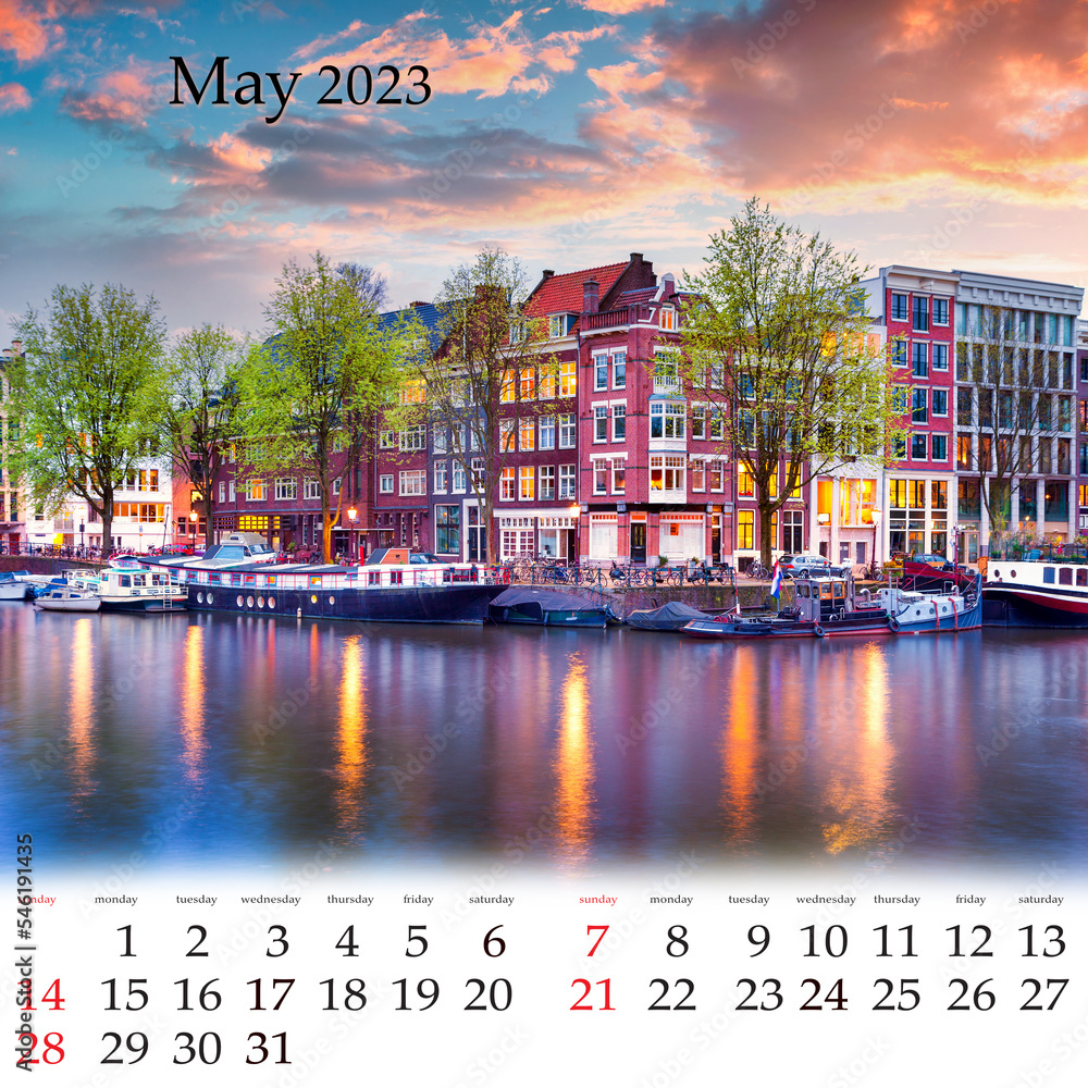 Square wall monthly calendar ready for print, May 2023. Set of calendars with beautiful landscapes. Attractive spring sunset on canals of Amsterdam. Authentic Dutch architecture in Netherlands, Europe