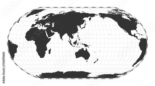 Vector world map in Robinson projection. Geographical map with latitude and longitude lines, centered at 120 degrees W longitude.