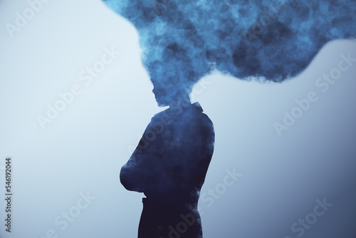 Head in the clouds concept. Cloud head person with folded arms on light background. photo
