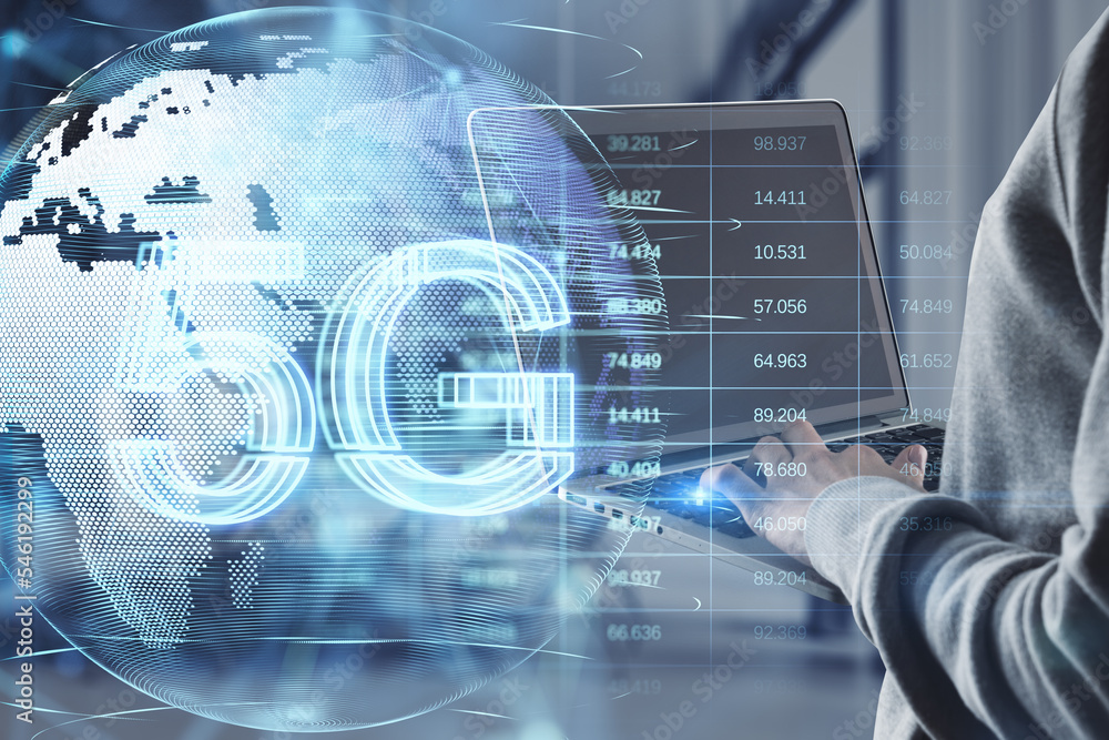 Close up of hacker hands using laptop with glowing planet earth globe hologram with 5G and index graph on blurry interior background. Mobile internet network, speed and signal. Double exposure. Close up of hacker hands using laptop with glowing planet earth globe hologram with 5G and index graph on blurry interior background. Mobile internet network, speed and signal. Double exposure.