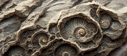 Ammonite sea shell spirals and sandstone rock. Curved layers and detailed blue surface fossil texture patterns - macro closeup background resource.   photo