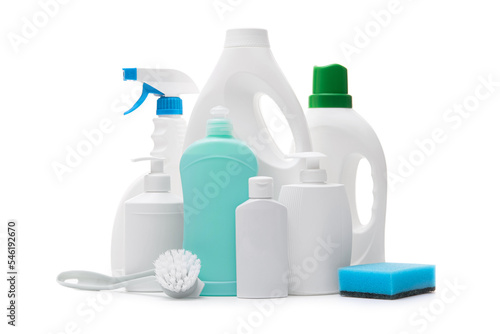 Cleaning product bottle and detergent isolated photo