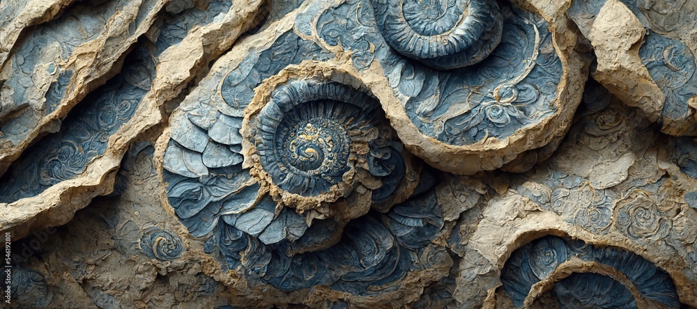 Ammonite sea shell spirals and sandstone rock. Curved layers and detailed blue surface fossil texture patterns - macro closeup background resource.  