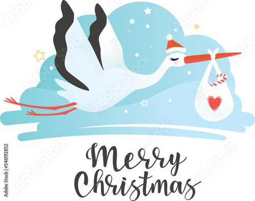 Vector illustration of a Christmas stork. Stork carrying a cute baby in a bag. Can be used for cards, flyers, posters, t-shirts.