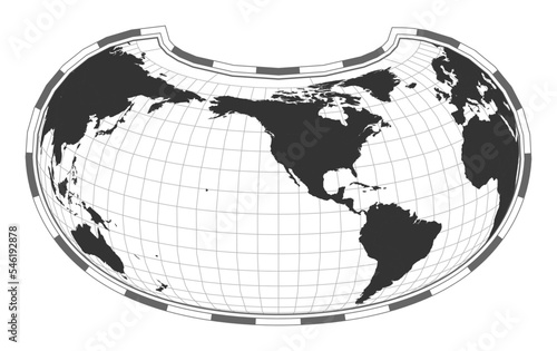 Vector world map in Armadillo projection, featuring geographical details with latitude and longitude lines. Centered at 120 degrees East longitude.