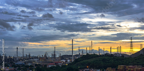Oil refinery landscape on sunset in Laem Chabang, Thailand photo