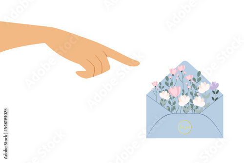 Vector illustration. Hand pose concept. Female hand pointing to something. In the picture, the finger points to an envelope with flowers. Cartoon style. Suitable for a sticker or emoji for messengers.