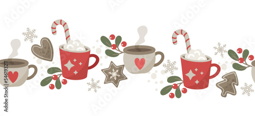 Winter seamless border pattern. Сute and cozy  banner with tea mug, coffee cup, hot chocolate, gingerbread, winter forest foliage, snowflakes. Vector background