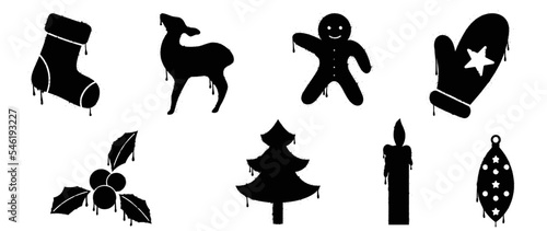 Set of black christmas elements spray paint vector. Graffiti, grunge,  silhouette elements of sock, reindeer, holly isolated on white background. Design illustration for decoration, card, sticker.