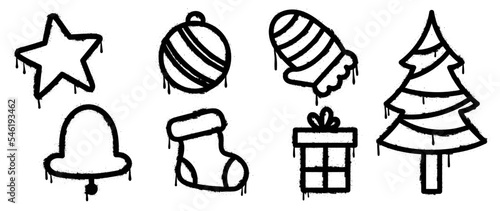 Set of christmas elements spray paint vector. Graffiti, grunge elements of winter glove, sock, bauble, tree, present, star on white background. Design illustration for decoration, card, sticker.