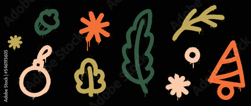 Set of christmas elements spray paint vector. Graffiti, grunge, glow elements of acorn, bauble, leaf, pine leaf, snowflake on black background. Design illustration for decoration, card, sticker.