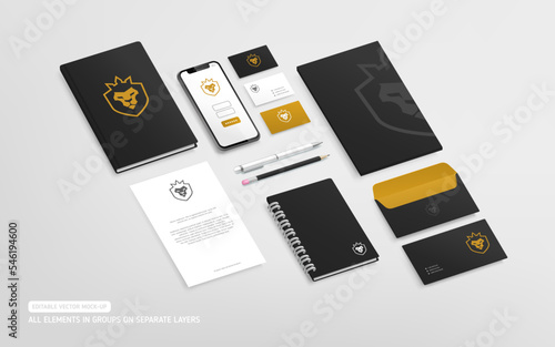 Minimalistic  Brand Identity Mock-Up set of stationery with leon logo design. Black Business office stationary mockup template. Editable corporate style template. Company mockup set