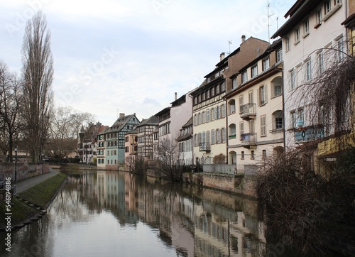 Old houses, leaning out, on a canal of the river Rhine in Strasbourg