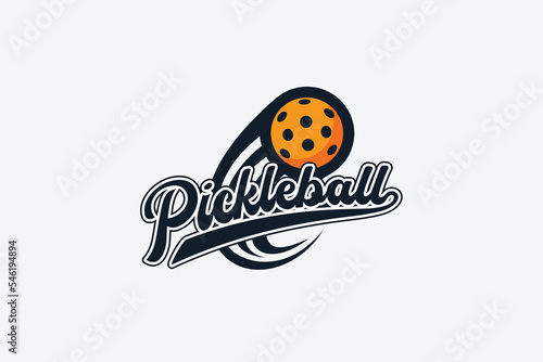 pickleball logo with a combination of lettering and moving pickleball