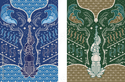 Indonesia Batik Textile Design about fish, shrimp, ocean, 
and wave in blue and green color. Perfect for clothes, shirt, printed fabric