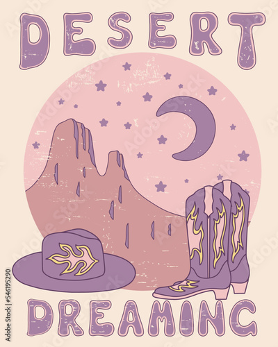 Vector illustration of desert dreaming. Arizona desert vibes. Graphic print design for t-shirt, apparel, posters, background and others. Western nature on vintage artwork.