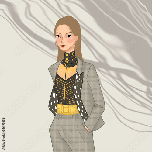 Grey Blazer luxurious woman fashion illustration wearing gold 
necklace perfect for magazine, fashion content, aoriccesses and beauty product