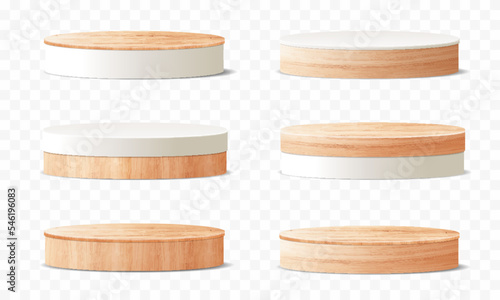 Vector 3d cylinder pedestal wood podium geometric platform. Product display presentation. Wooden Minimal scene template design