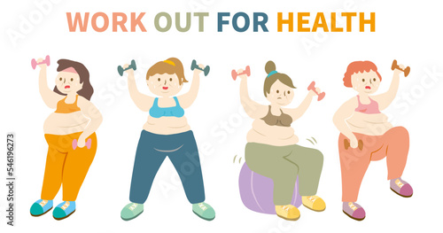 Set of fat women in sportswear doing fitness to loss her weight. Collection of overweight girls workout with dumbbell to training for health. Chubby female do exercise and sweat a lot. Yoga, Sport 