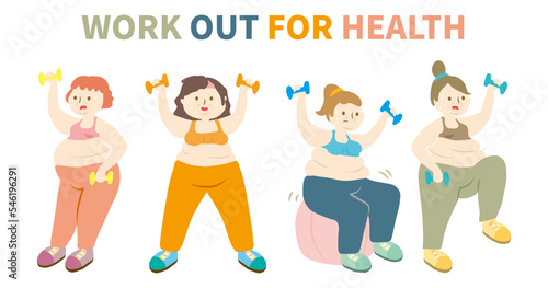 Set of fat women in sportswear doing fitness to loss her weight. Collection of overweight girls workout with dumbbell to training for health. Chubby female do exercise and sweat a lot. Yoga, Sport 