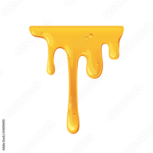 Gold bee honey dripping, trickling down. Sticky melting amber caramel, maple syrup streaming, leaking, flowing. Sweet molten liquid. Flat graphic vector illustration isolated on white background