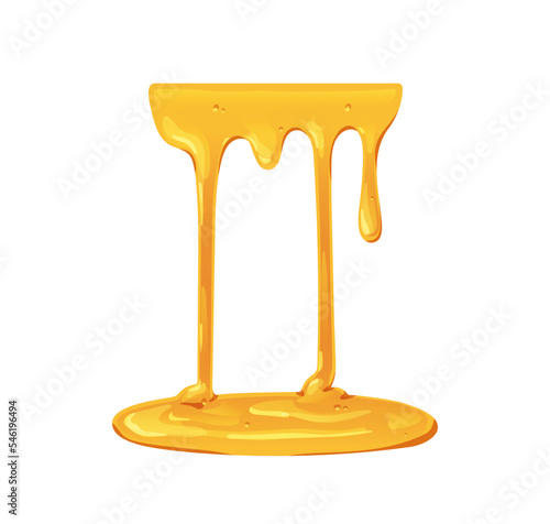 Honey dripping. Melting caramel flowing down to sweet sticky pool. Gold maple syrup leaking, trickling to liquid fluid sugar puddle. Flat graphic vector illustration isolated on white background