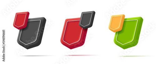 3d render isometric shields icon, empty shape in different colors with badge on top corner
