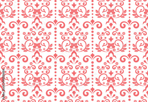 Floral pattern. Vintage wallpaper in the Baroque style. Seamless vector background. White and pink ornament for fabric, wallpaper, packaging. Ornate Damask flower ornament