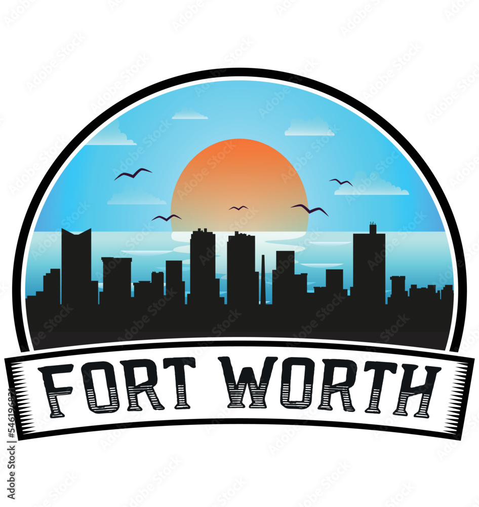 Fort Worth Texas USA Skyline Sunset Travel Souvenir Sticker Logo Badge Stamp Emblem Coat of Arms Vector Illustration EPS