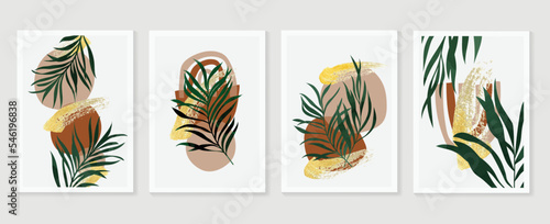 Contemporary abstract design wall art vector set. Tropical leaves with gold brush stroke and earthtone color abstract shape. Design illustration for wallpaper, wall decor, card, poster, cover, print.