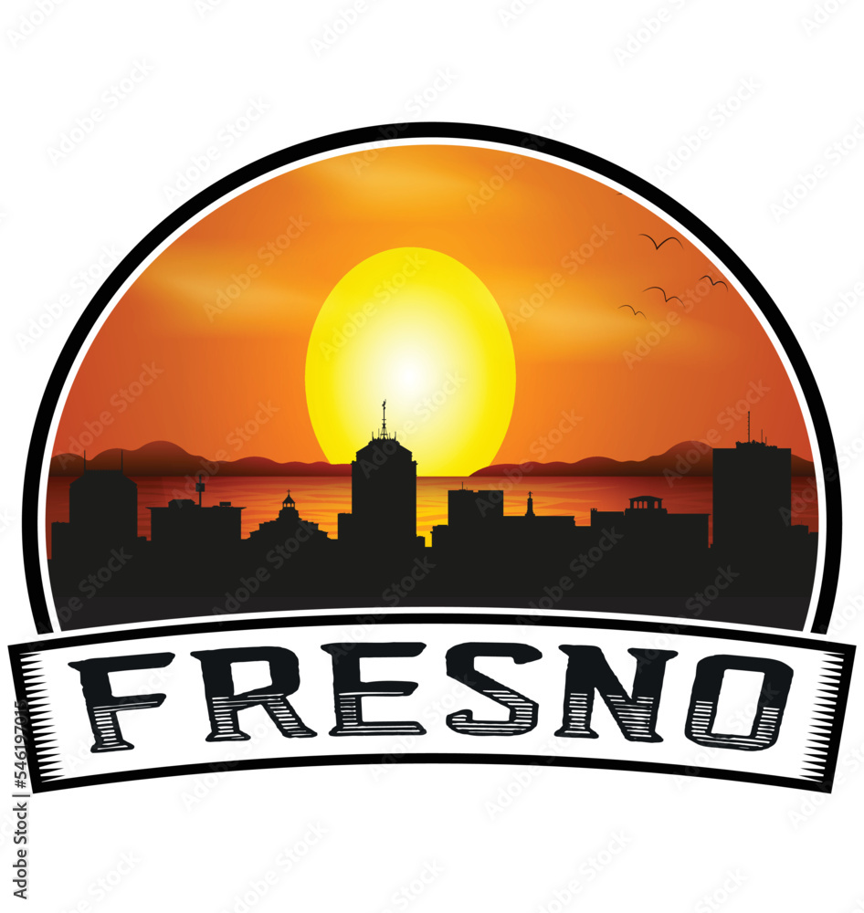 Fresno California USA Skyline Sunset Travel Souvenir Sticker Logo Badge Stamp Emblem Coat of Arms Vector Illustration EPS