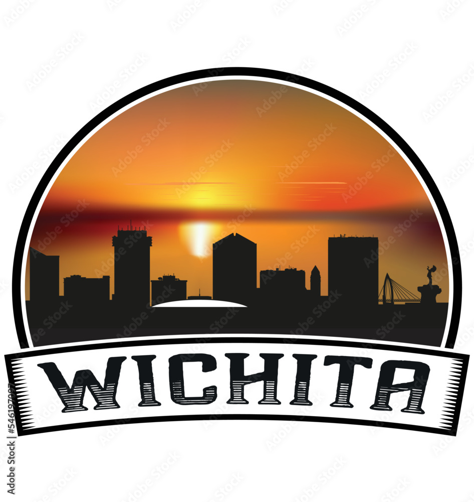 Wichita Kansas USA Skyline Sunset Travel Souvenir Sticker Logo Badge Stamp Emblem Coat of Arms Vector Illustration EPS