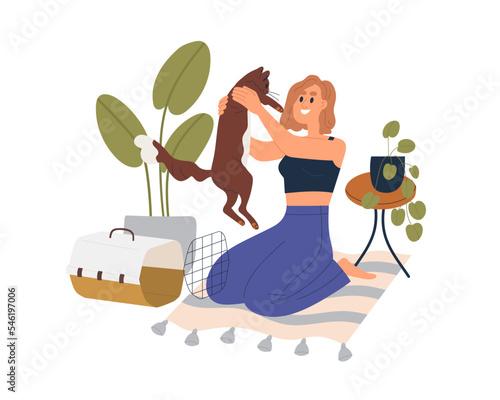 Pet owner taking cute cat out of carrier. Girl and kitty in hand, moved to new house. Happy woman and adopted feline animal arrived home. Flat graphic vector illustration isolated on white background