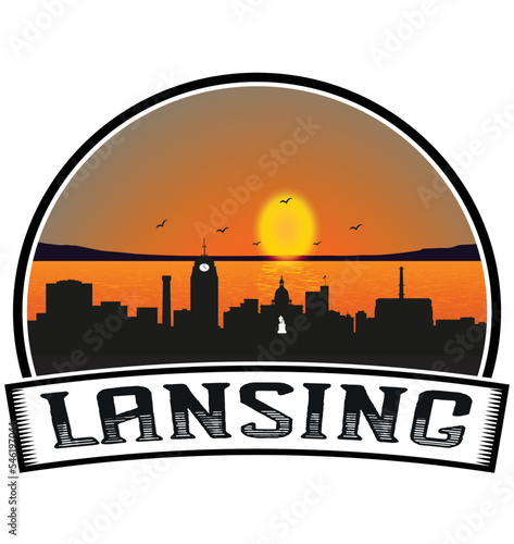 Lansing Michigan USA Skyline Sunset Travel Souvenir Sticker Logo Badge Stamp Emblem Coat of Arms Vector Illustration EPS