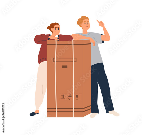 Couple with big cardboard box, moving to new home with bought house appliance, stuff packed in large carton package. Family during relocation. Flat vector illustration isolated on white background