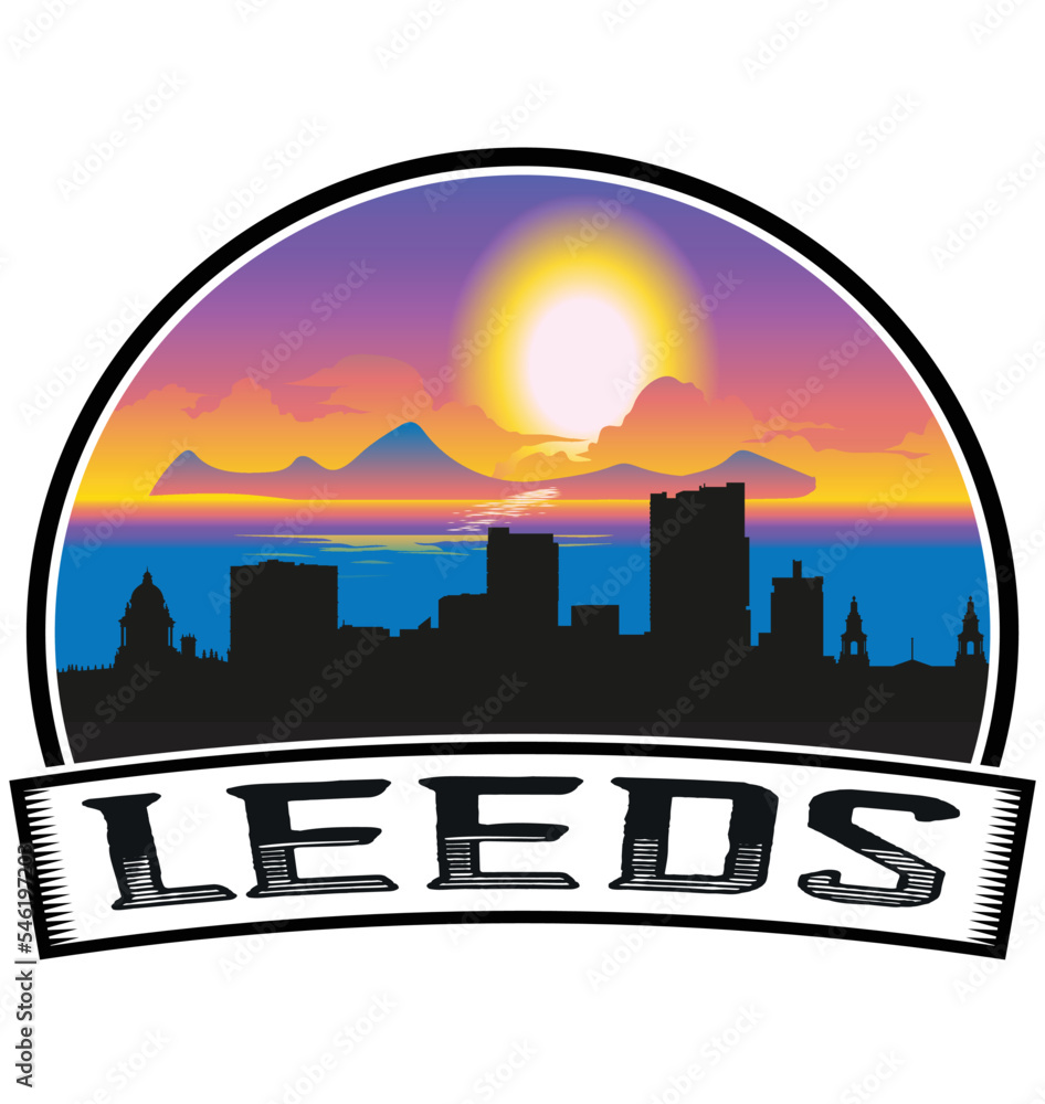 Leeds England Skyline Sunset Travel Souvenir Sticker Logo Badge Stamp Emblem Coat of Arms Vector Illustration EPS