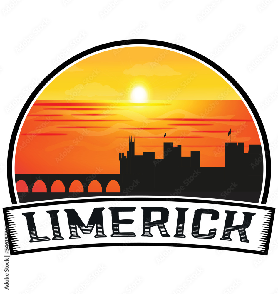 Limerick Ireland Skyline Sunset Travel Souvenir Sticker Logo Badge Stamp Emblem Coat of Arms Vector Illustration EPS