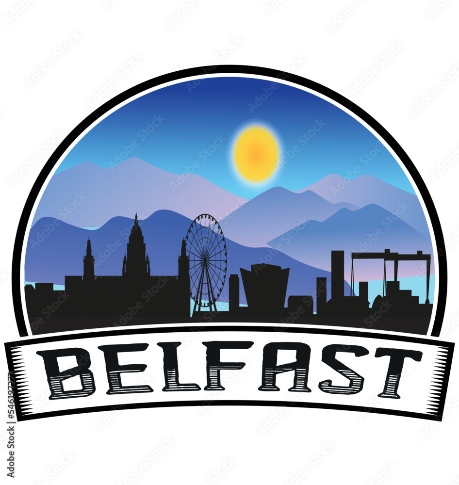 Belfast Northern Ireland Skyline Sunset Travel Souvenir Sticker Logo Badge Stamp Emblem Coat of Arms Vector Illustration EPS