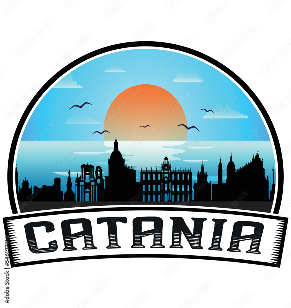 Catania Italy Skyline Sunset Travel Souvenir Sticker Logo Badge Stamp Emblem Coat of Arms Vector Illustration EPS