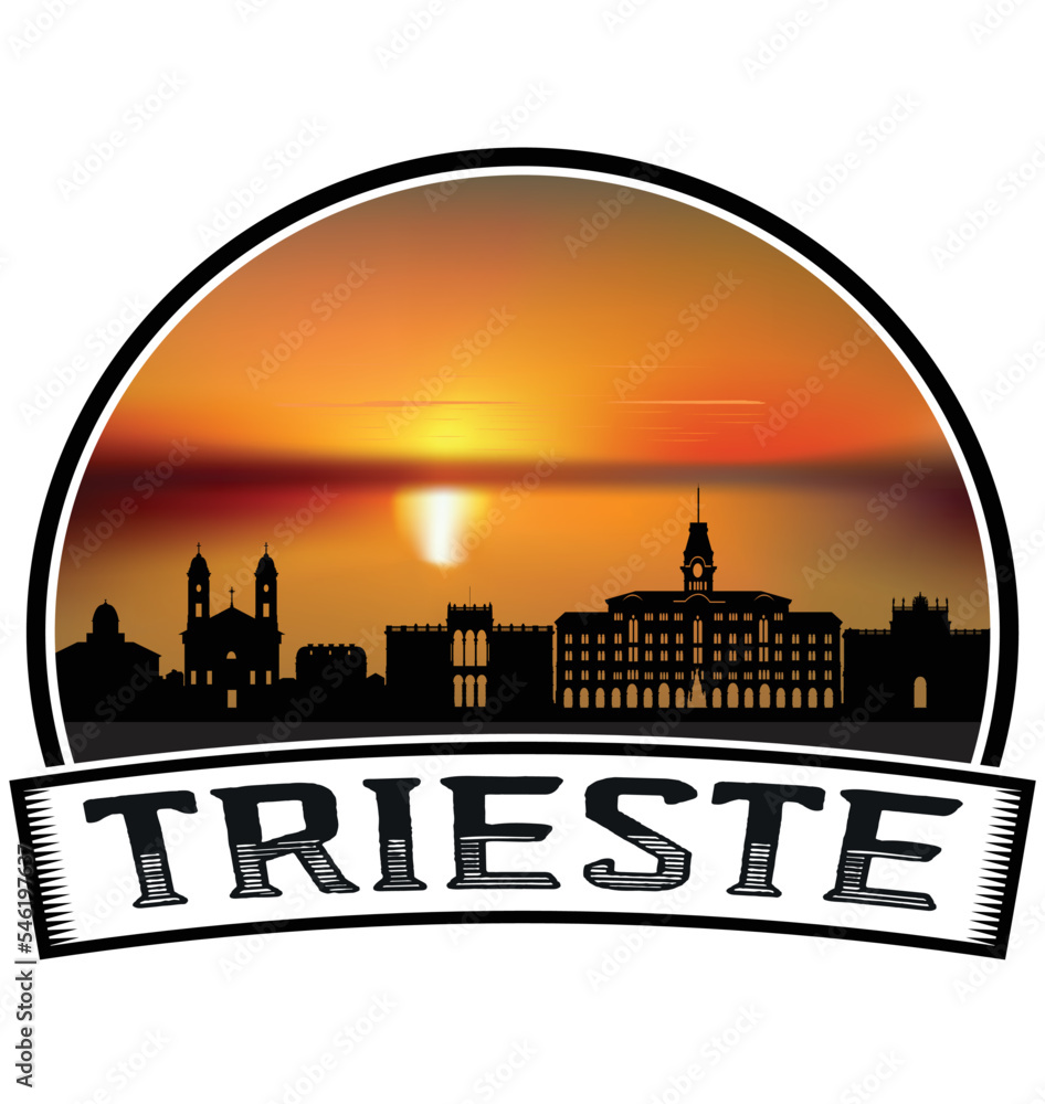 Trieste Italy Skyline Sunset Travel Souvenir Sticker Logo Badge Stamp Emblem Coat of Arms Vector Illustration EPS