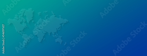 Illustration of a world map made of stars on a blue background. Horizontal banner