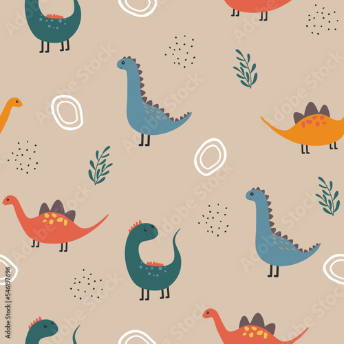doodle seamless pattern with cute colorful dinosaurs 