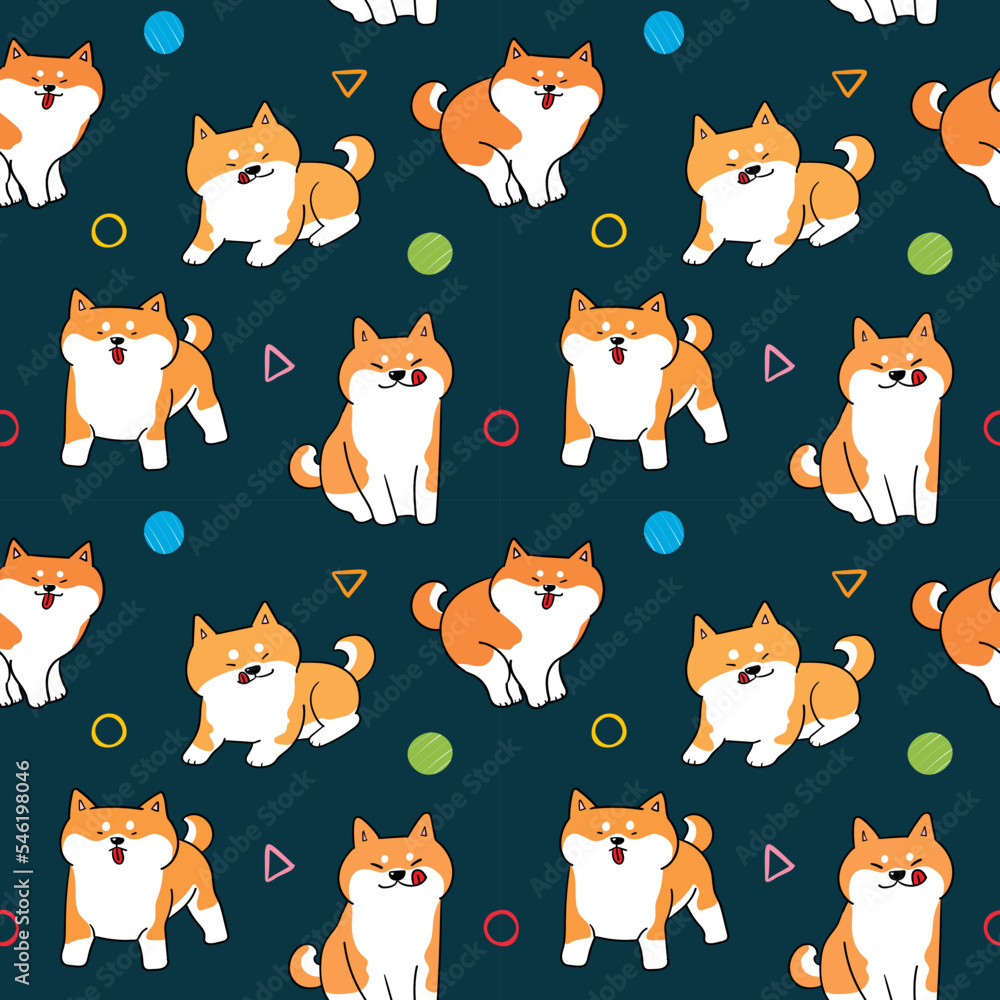 Fototapeta premium Seamless Pattern with Cartoon Shiba Inu Dog Design on Dark Blue Background