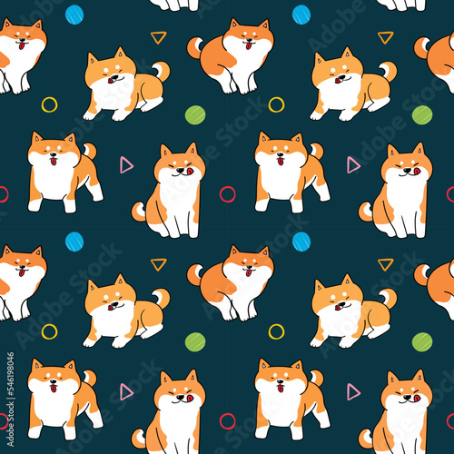 Fototapeta Naklejka Na Ścianę i Meble -  Seamless Pattern with Cartoon Shiba Inu Dog Design on Dark Blue Background