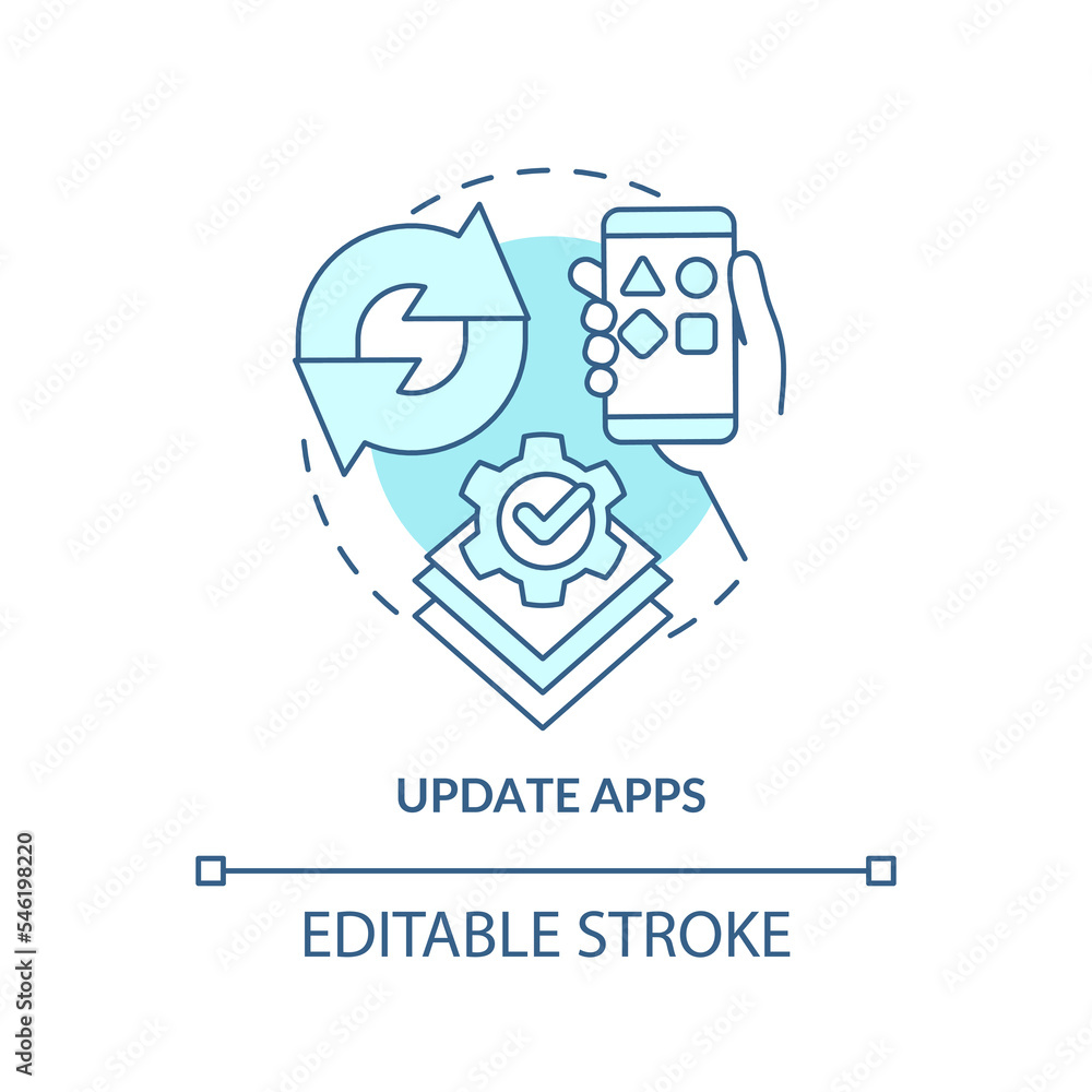 Update apps turquoise concept icon. Download software latest version. Mobile security abstract idea thin line illustration. Isolated outline drawing. Editable stroke. Arial, Myriad Pro-Bold fonts used